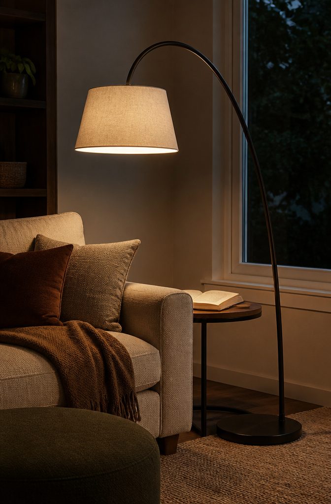 Sculptural floor lamp beside a sofa in a living room corner