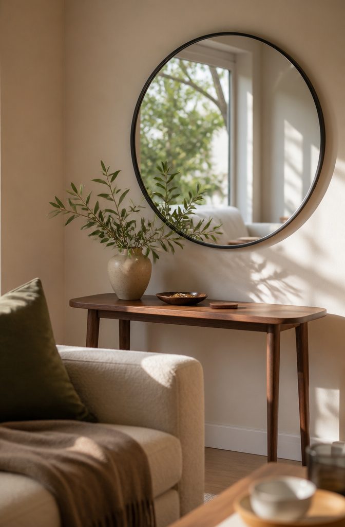 Round wall mirror above a side table in a living room