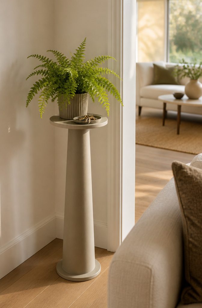 Potted fern on a narrow plant stand in a living room corner