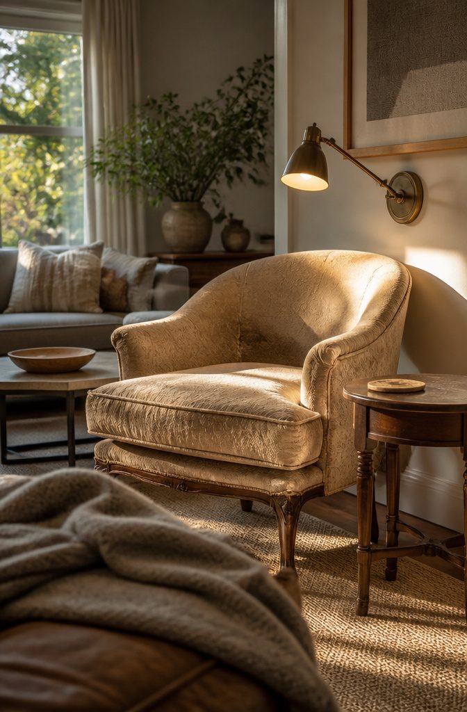 Upholstered accent chair beside a reading lamp in a living room corner