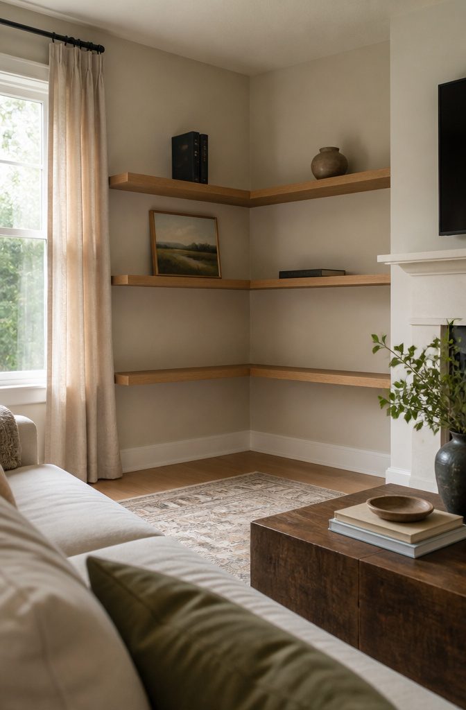 Three floating oak shelves with books ceramic vessel and framed landscape