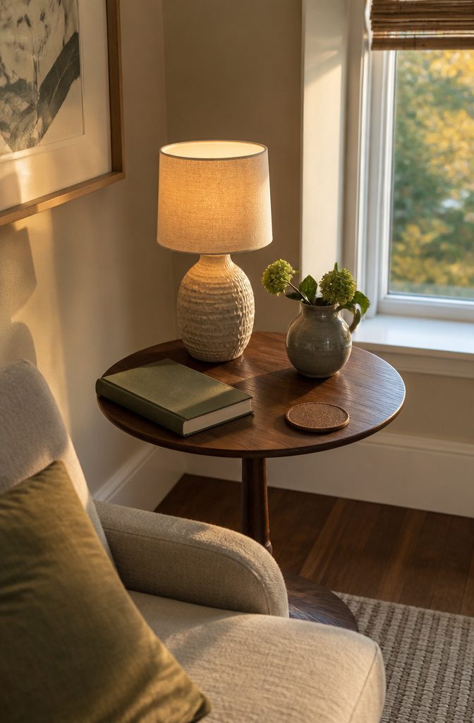 Small walnut side table with ceramic lamp vase and book