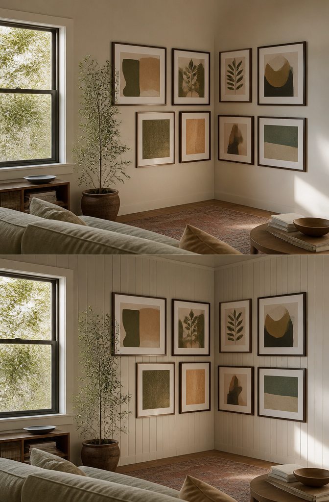 Two framed prints hung on adjoining living room walls