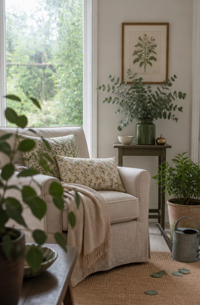 Linen chair with wildflower cushions, botanical print, eucalyptus and potted plant
