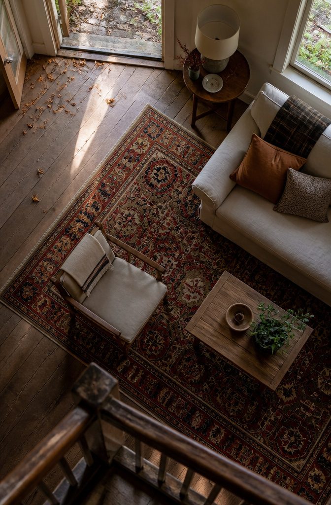 Patterned rug in deep red and gold beneath cottage living room furniture