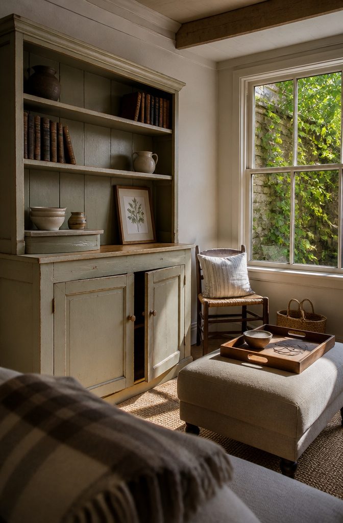 Painted Welsh dresser with books and plates beside ottoman and wooden tray