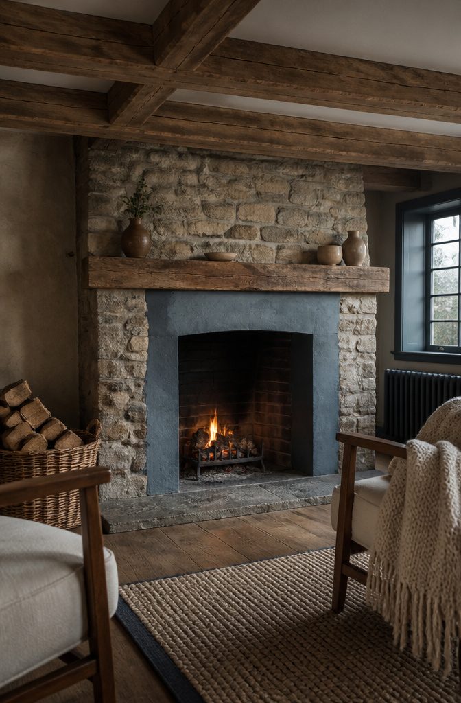 Living room with wood ceiling beams, stacked-stone fireplace and pale walls