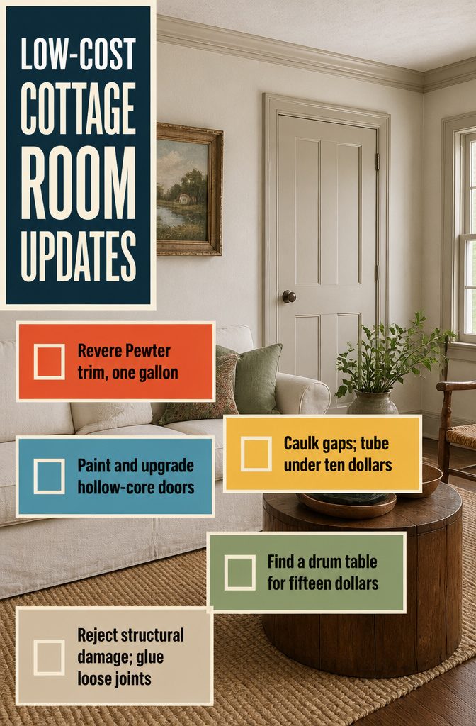 Cottage room with painted trim, crown molding and pale walls