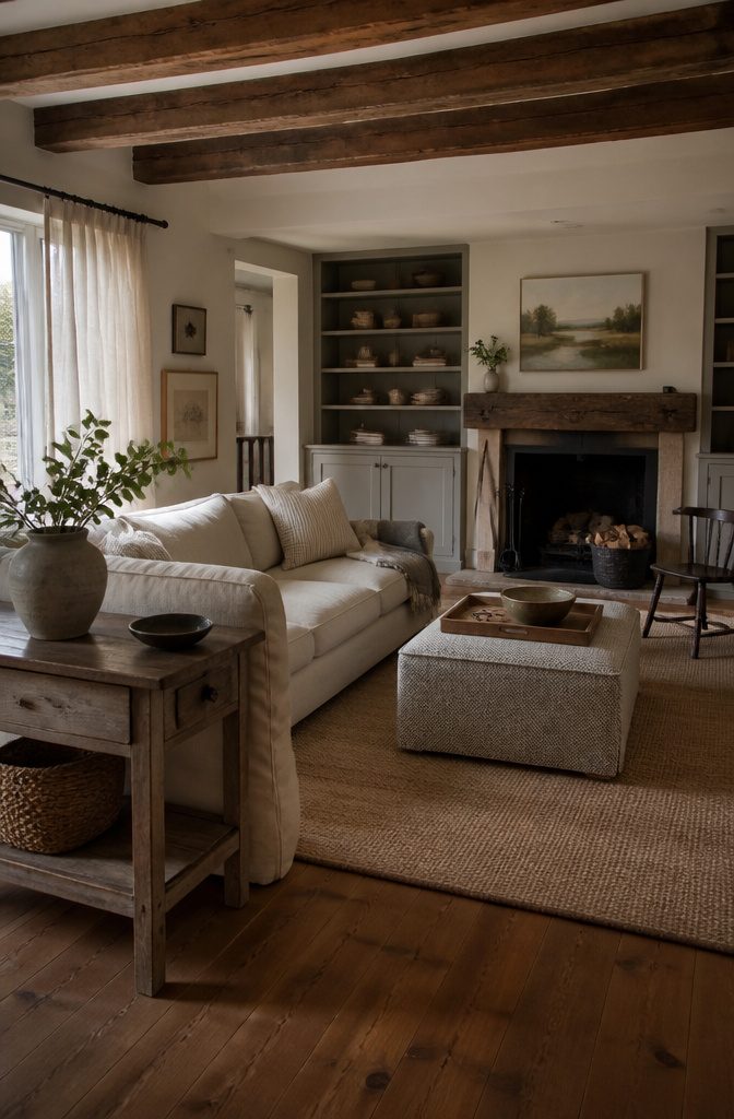 Cottage living room with traditional upholstered seating and a cushioned ottoman