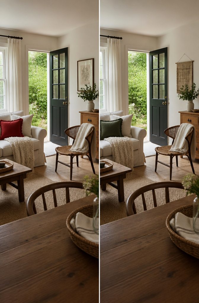 Cottage living room with pale walls, textured furnishings and a dark front door