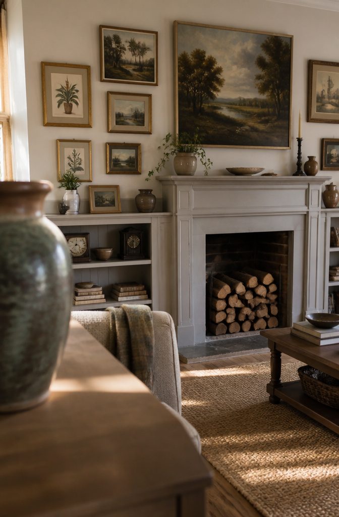 Fireplace with gallery wall, built-in shelves, books, pottery and vintage clock