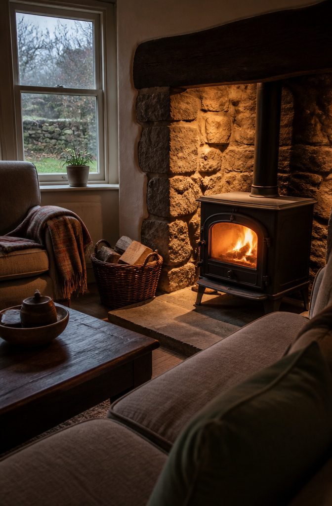 Cast-iron wood stove inside fireplace opening with chairs angled toward it