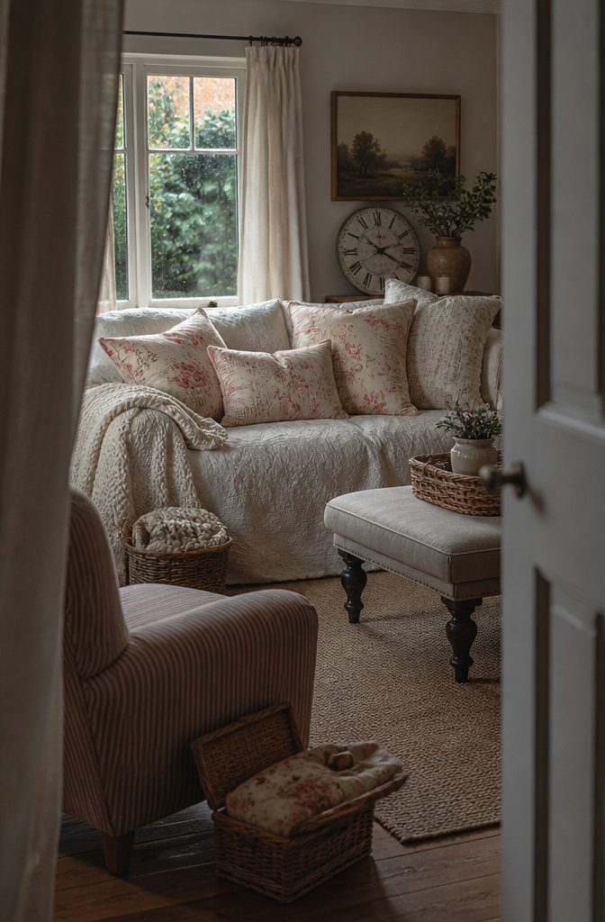 Cottage sofa with floral cushions, knit throw, woven basket and garden window