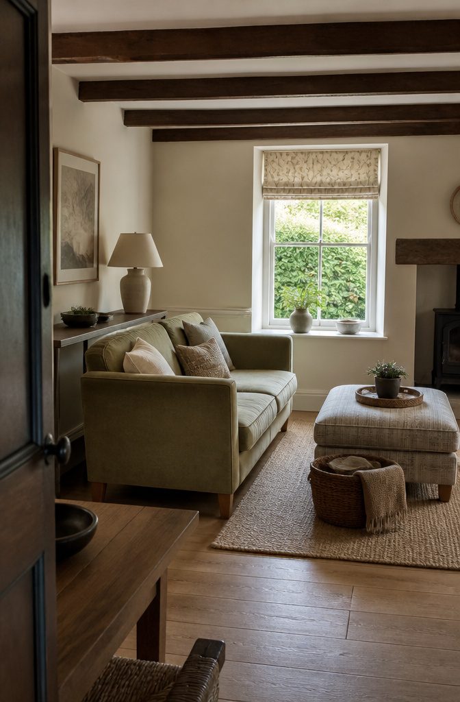 Small cottage living room with storage ottoman, sofa table and light upholstery