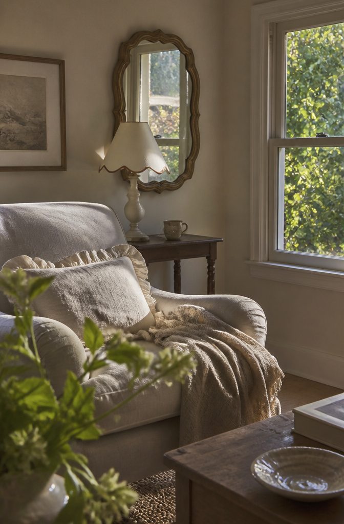 Cottage chair with ruffled linen near scalloped mirror, lampshade and garden window