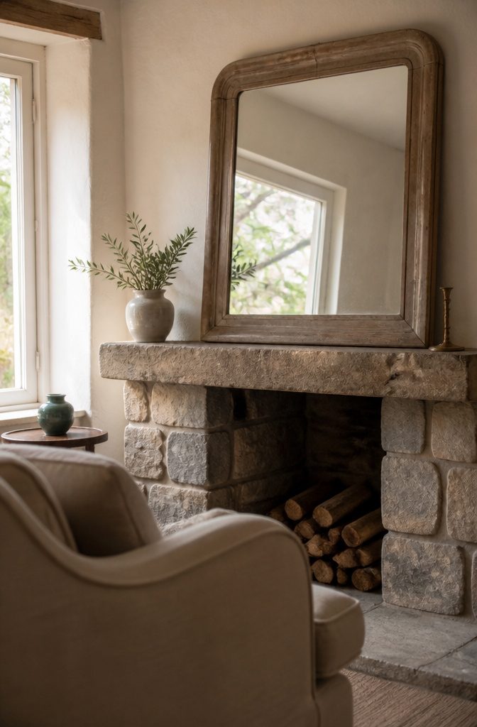 Vintage-framed mirror above mantel beside stone fireplace and pale walls