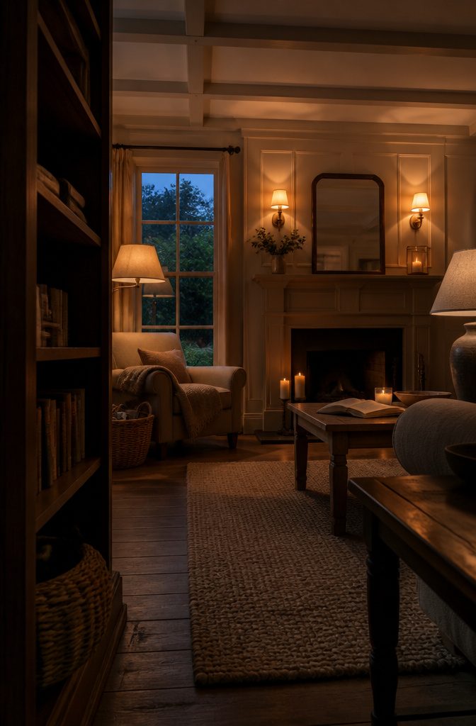 Cottage living room with table lamps, floor lamp, sconces and candles