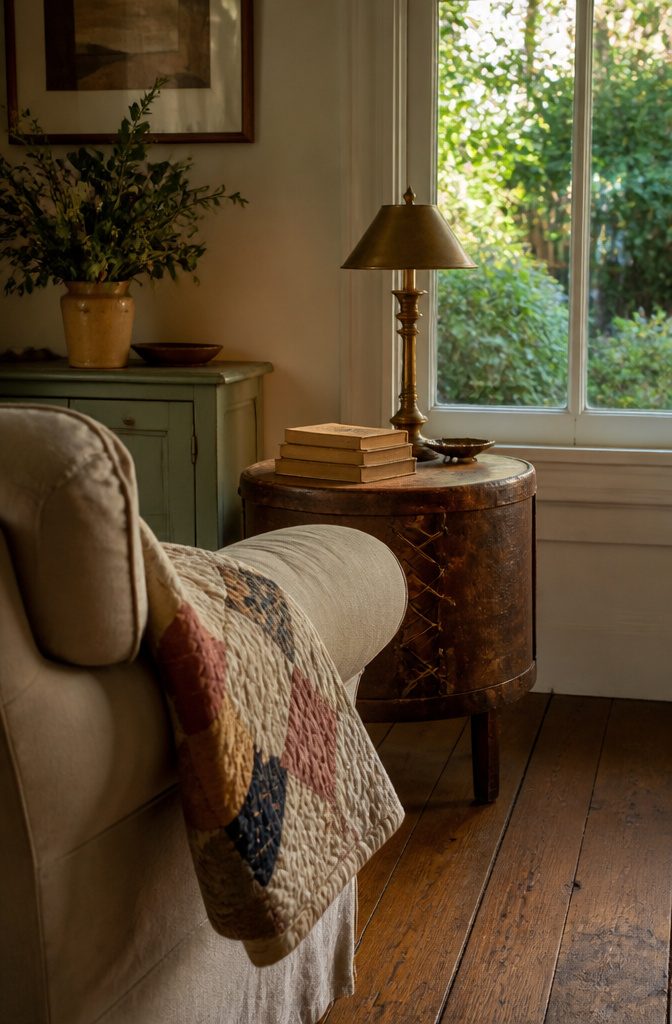 Antique drum table beside upholstered chair, brass lamp and leafy garden window
