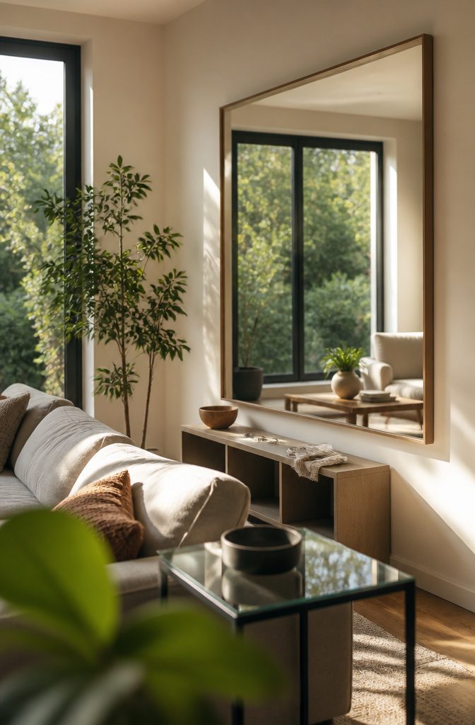 Large wall mirror opposite a window in a small living room