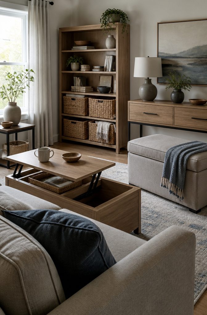 Bookcase with woven baskets beside a lift-top coffee table and storage ottoman