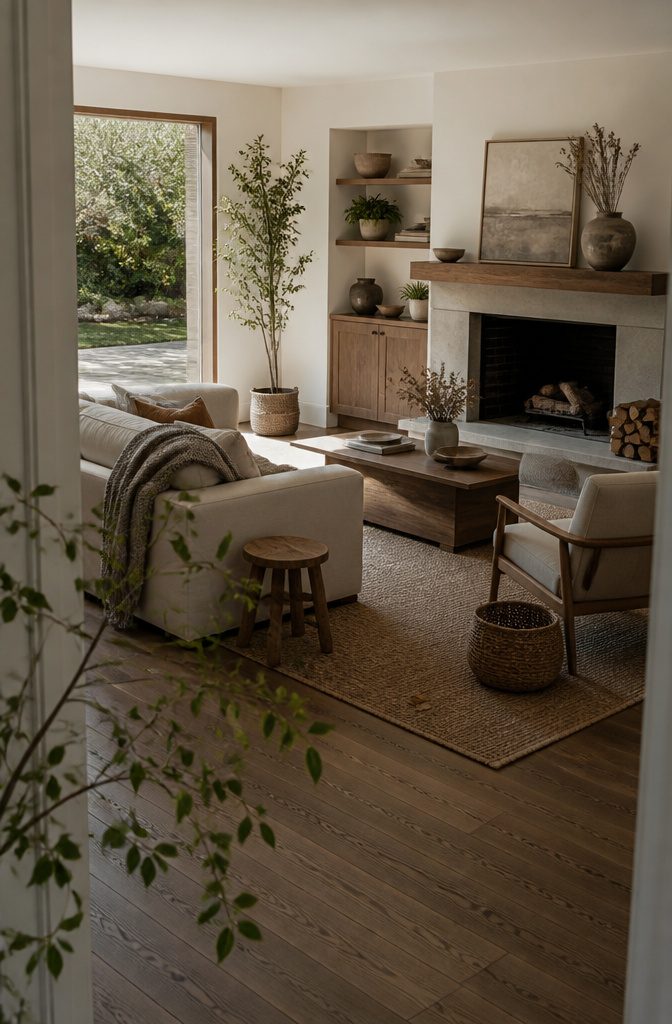 Wood coffee table with woven baskets and indoor plants in a living room