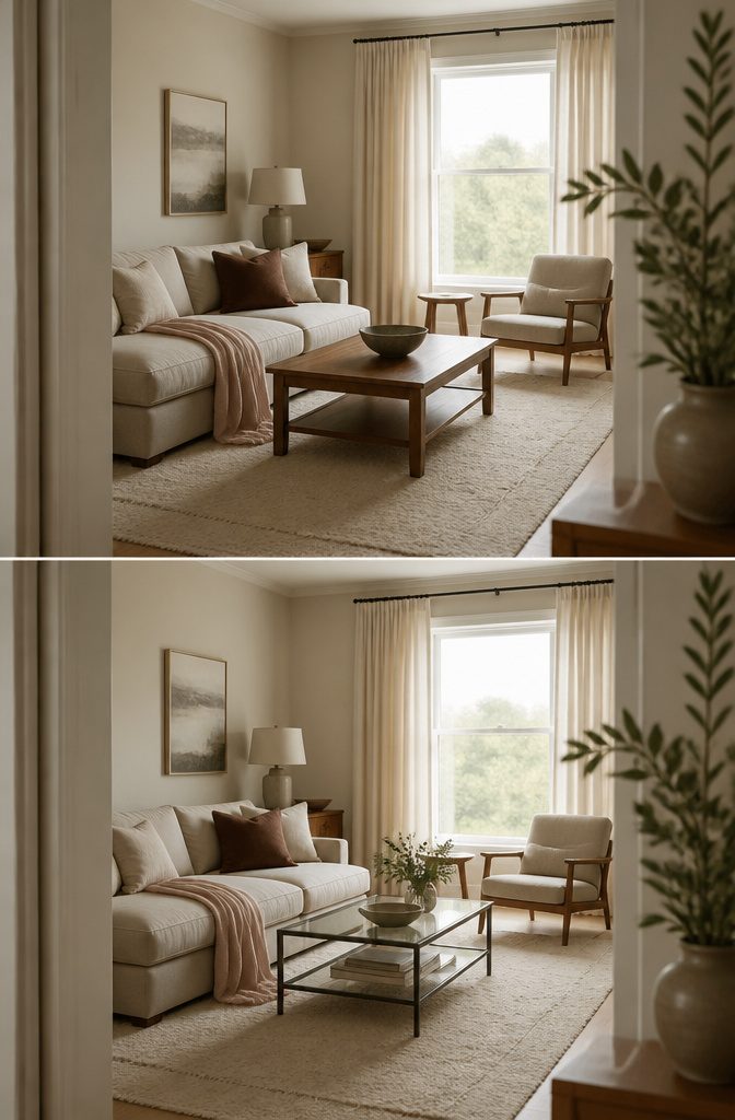 Living room with cream and beige walls, upholstery, and soft furnishings