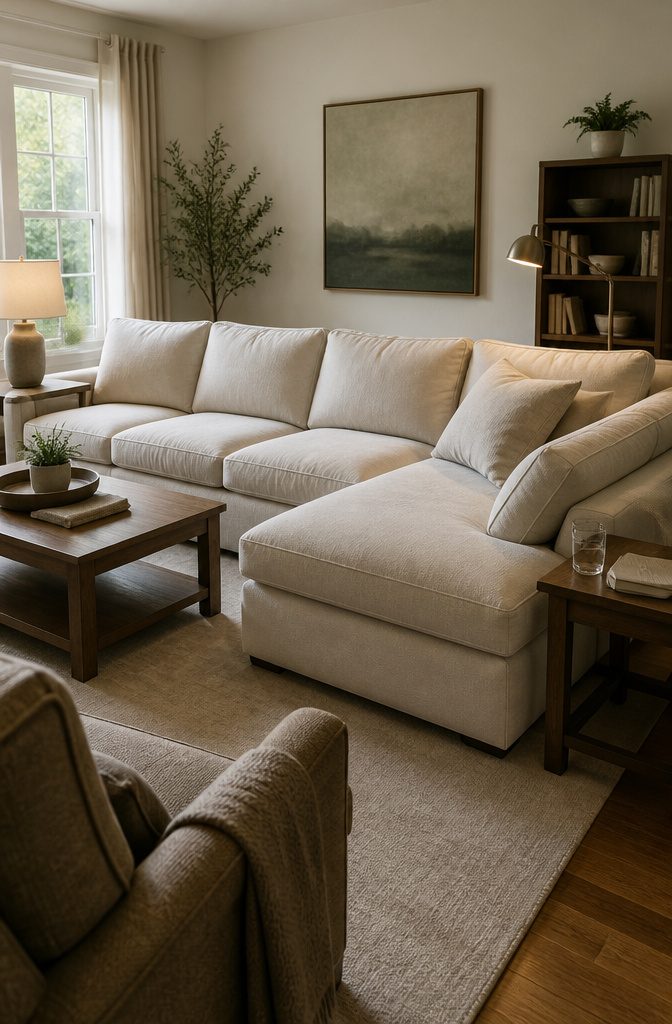 Sectional sofa beside a coffee table and end tables in a living room