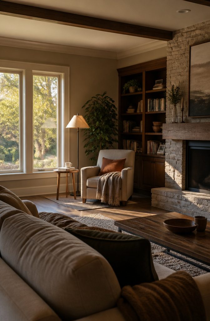 Accent chair and floor lamp arranged in a living room corner