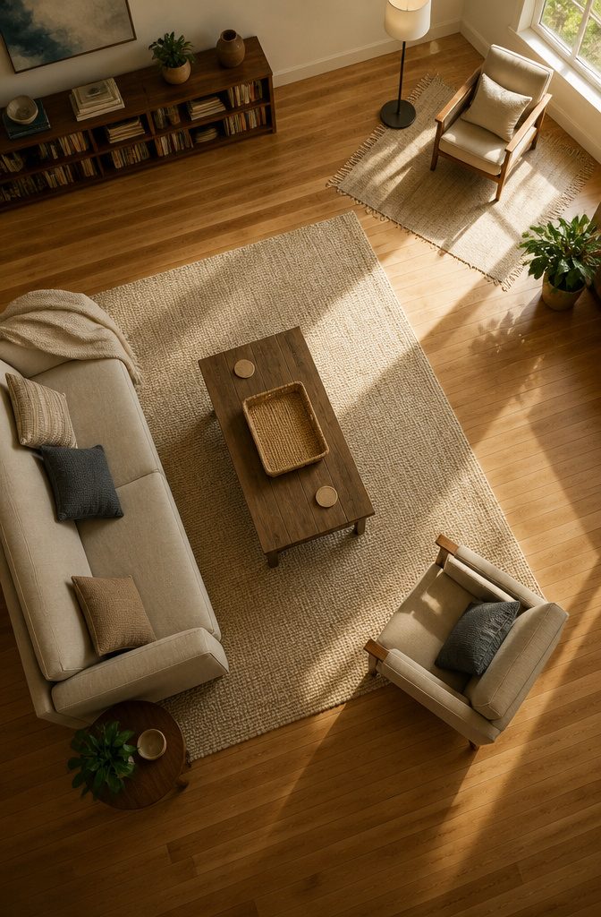 Living room seating grouped on an area rug beside a separate reading corner