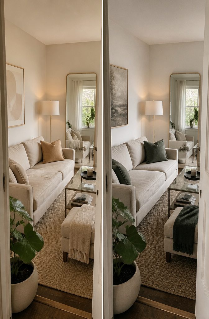 Full-size sofa in a small living room with light walls and open floor