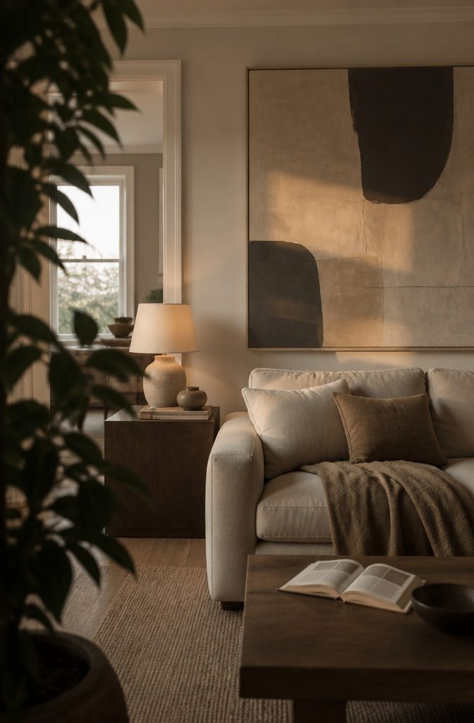 Large artwork above a sofa with books and framed photos nearby