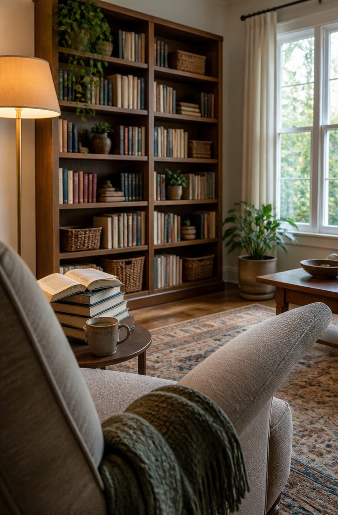 Freestanding bookcase filled with books beside a reading chair and floor lamp