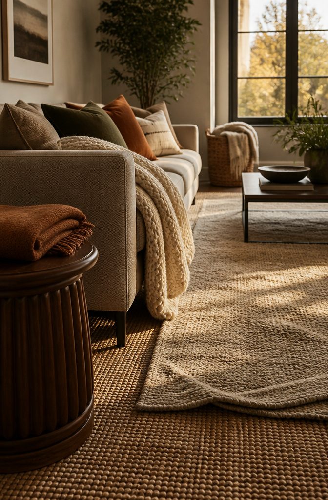 Sofa with a knit throw and mismatched cushions over wool and jute rugs