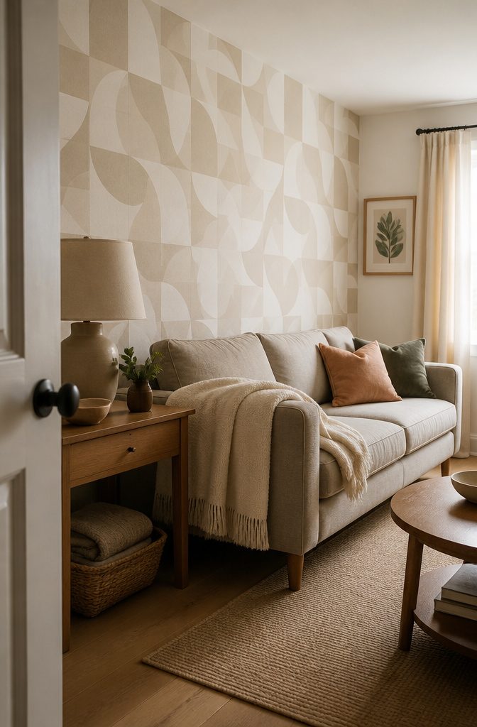 Geometric wallpaper behind a sofa with a throw and wood side table