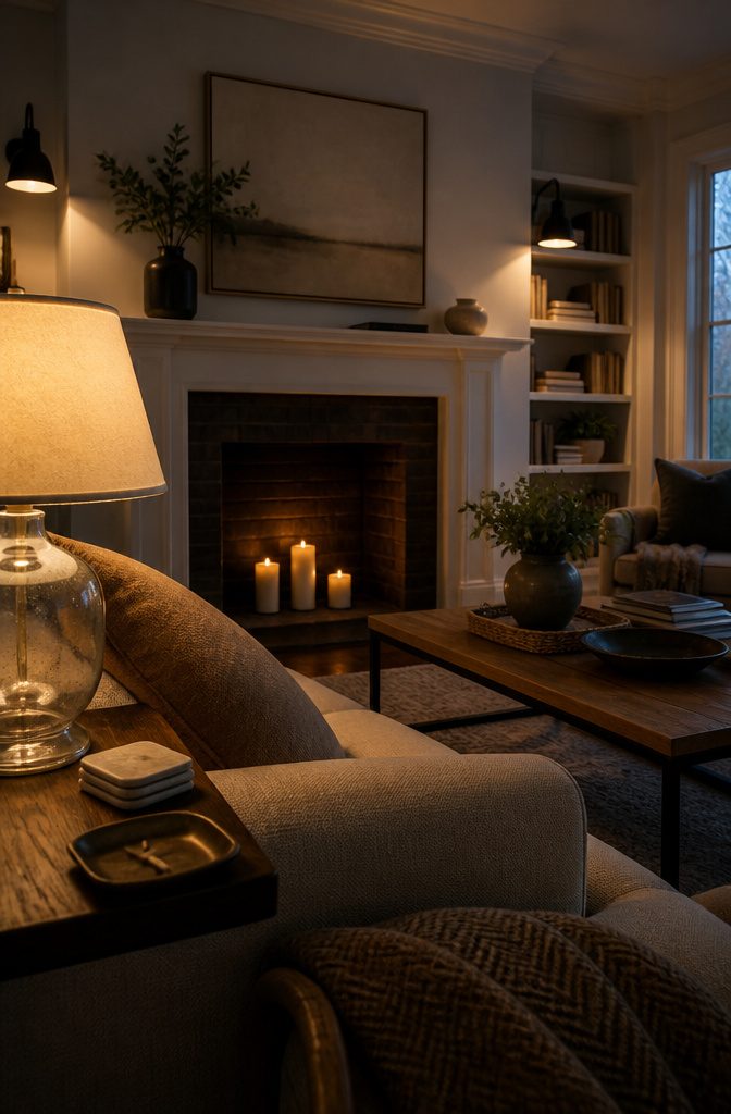 Living room with table lamps, black metal sconces, and 3 burning candles