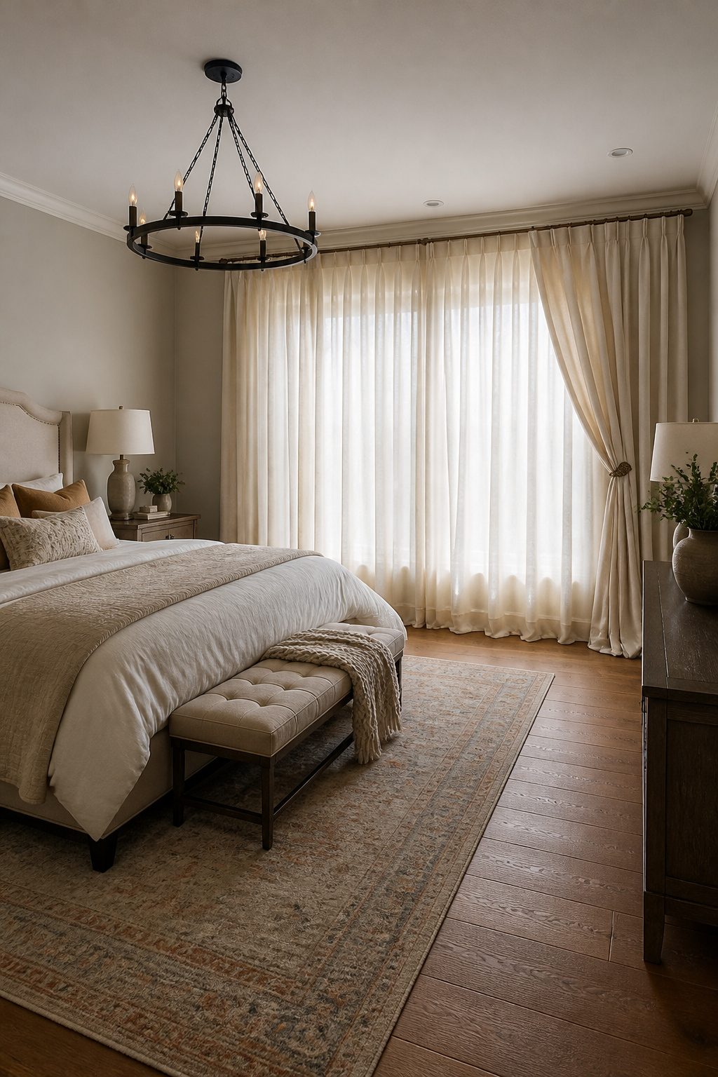 Floor-length linen curtains pooling at the bottom.