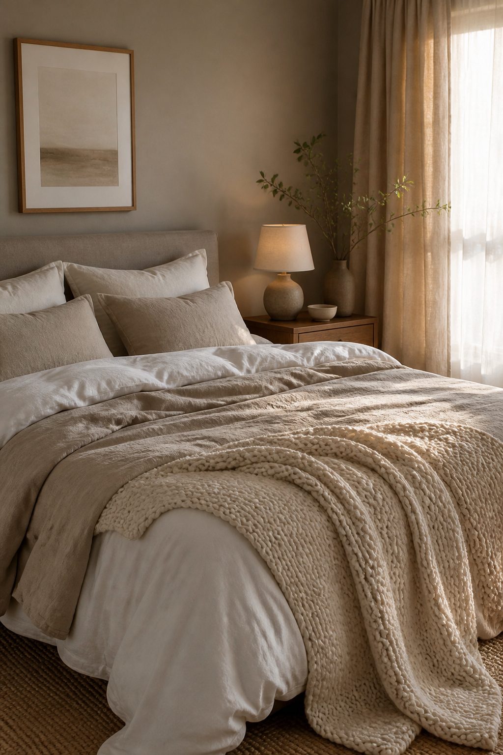 A layered bed with white cotton sheets and a cream knit throw.