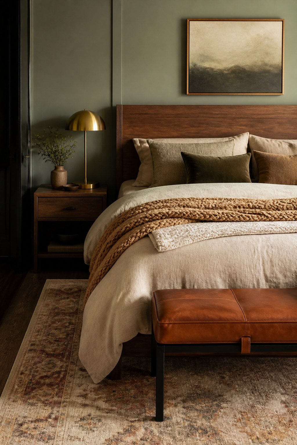 A bed with various textured pillows and blankets.