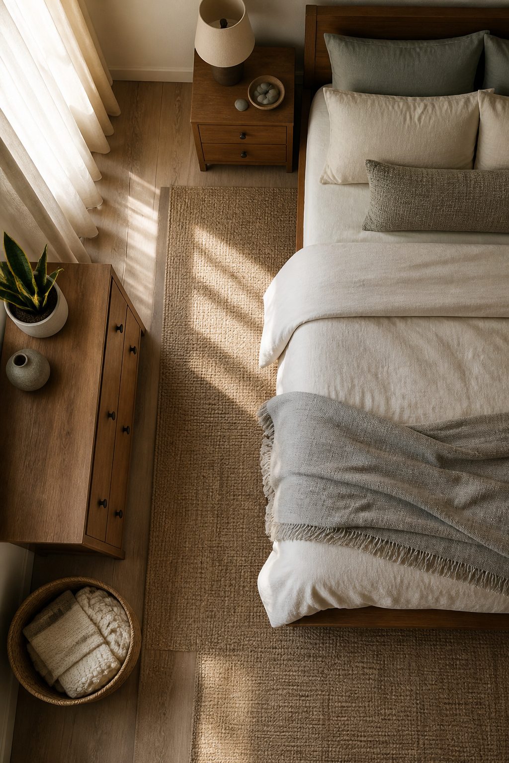 A potted plant on a dresser in a cozy bedroom.