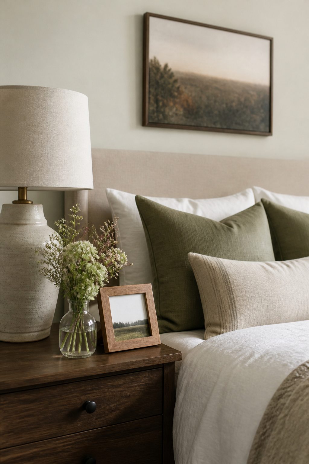 Bedside table with framed photos and a small vase.