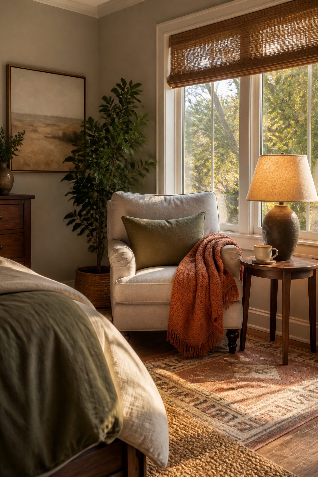 A reading nook featuring an armchair, side table, and lamp.