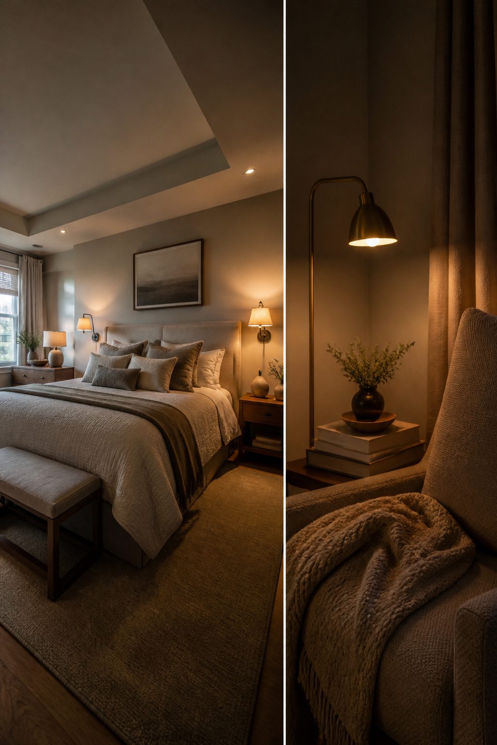 Bedside lamps with warm bulbs providing soft lighting.