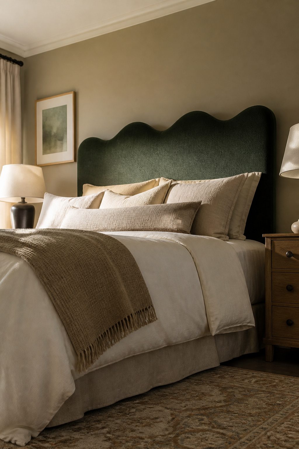 A large upholstered headboard in a master bedroom.