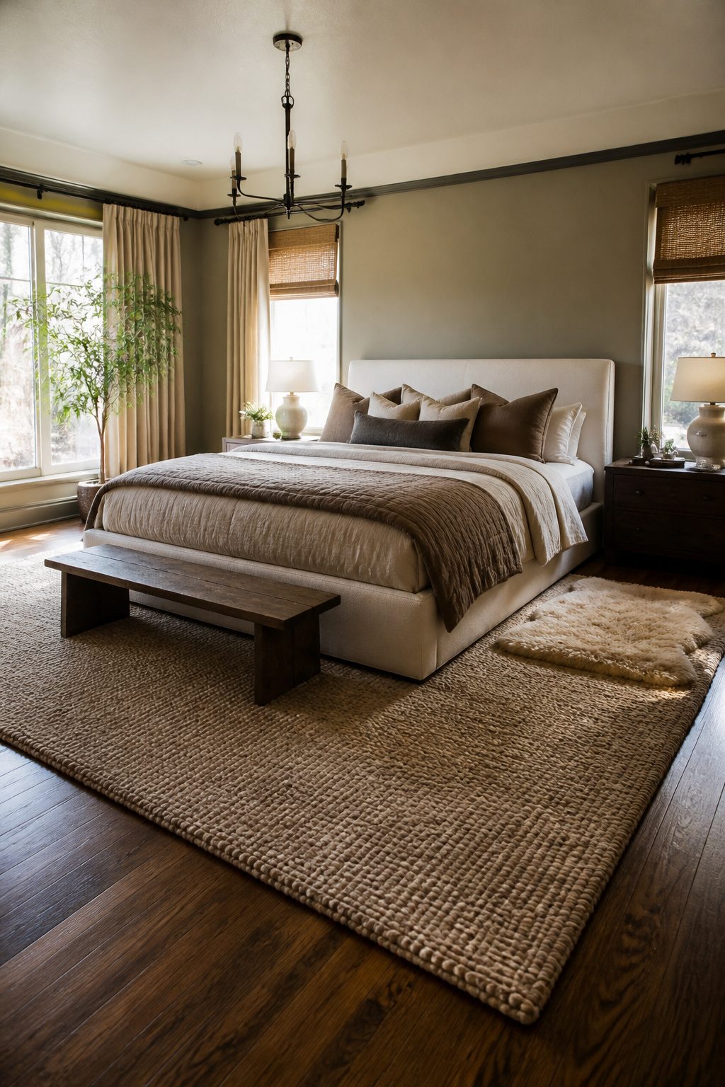 A plush wool area rug under a king-sized bed.