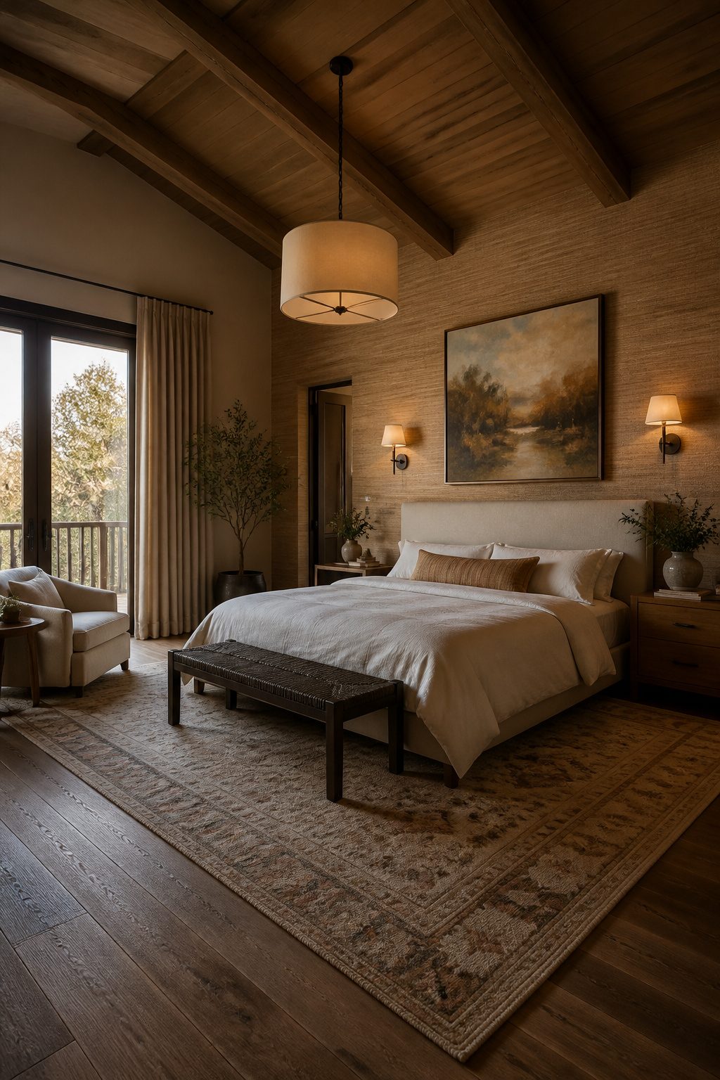 Wallpaper featuring grasscloth texture in a cozy bedroom.