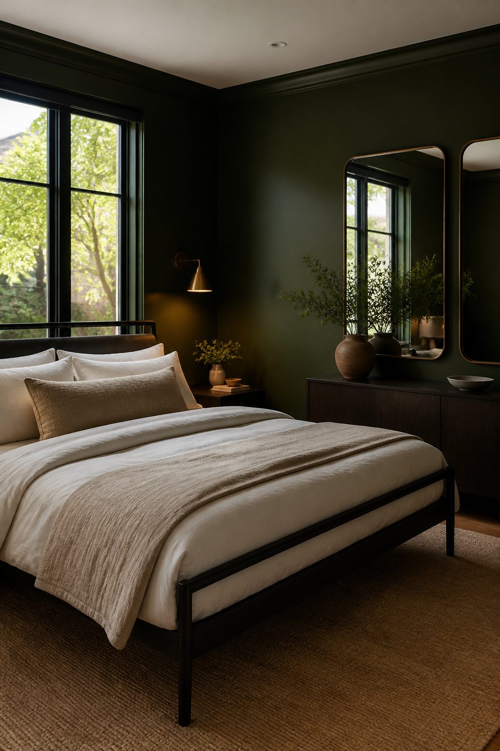 Dark green bedroom with black bed frame and window trim.