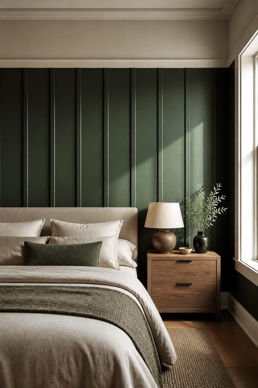 Board and batten paneling in dark green with cream trim.