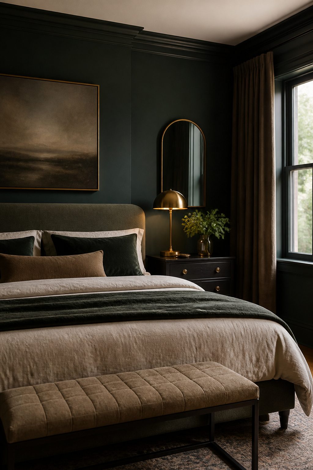 Brass elements contrast with dark green walls in a stylish bedroom.
