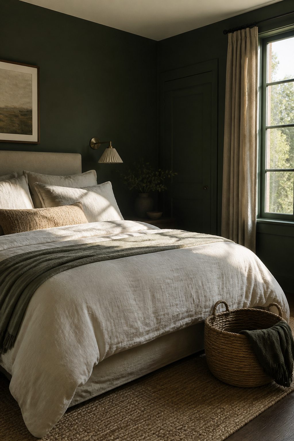 Dark green bedroom with cream bedding and natural light.