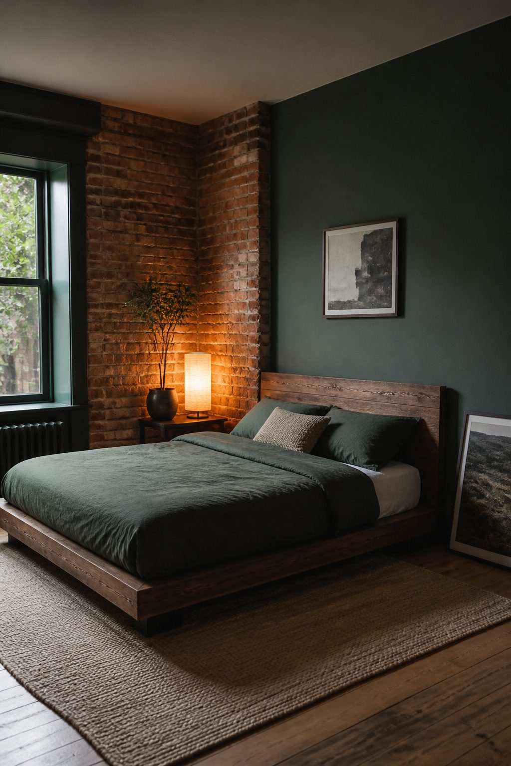 Accent wall of exposed brick in a dark green bedroom.